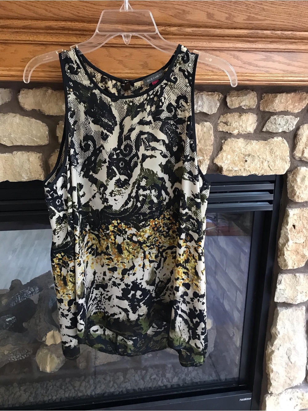 Vince Camuto Black, Cream & Yellow Printed Sleeveless Tunic